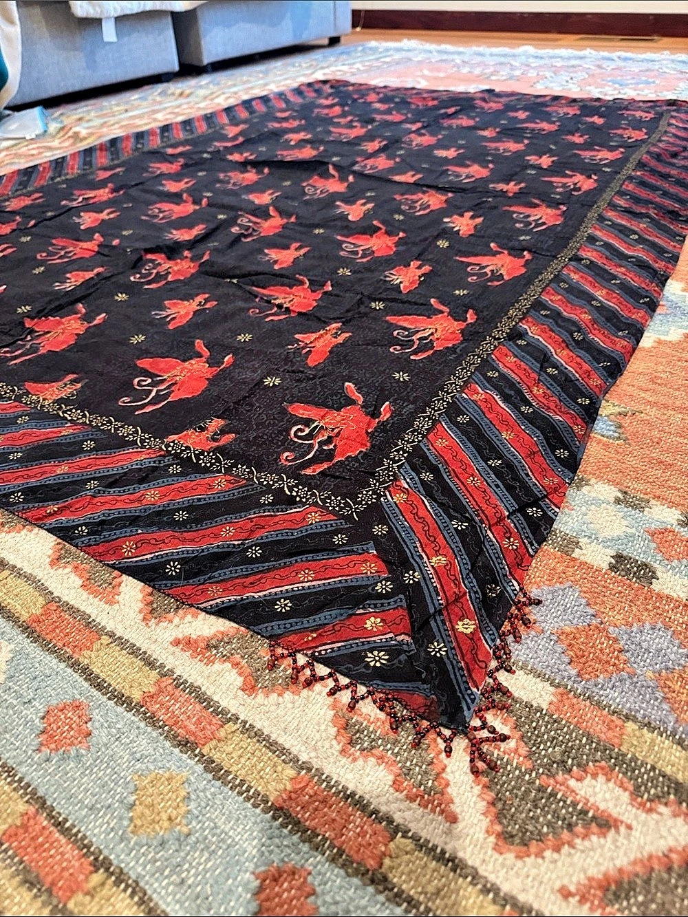 Cotton Floral Black & Red Scarf with Beaded Fringe by Simran